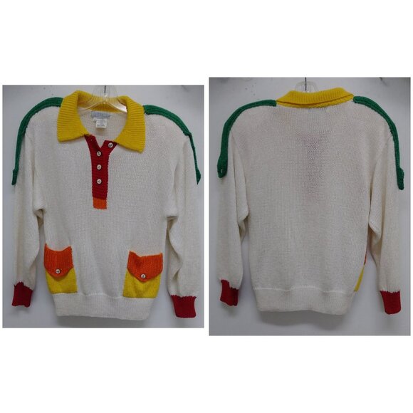 Sweater 80's Colourful -White with Red, Orange, Yellow, Green Accents & Nautical - Picture 7 of 9